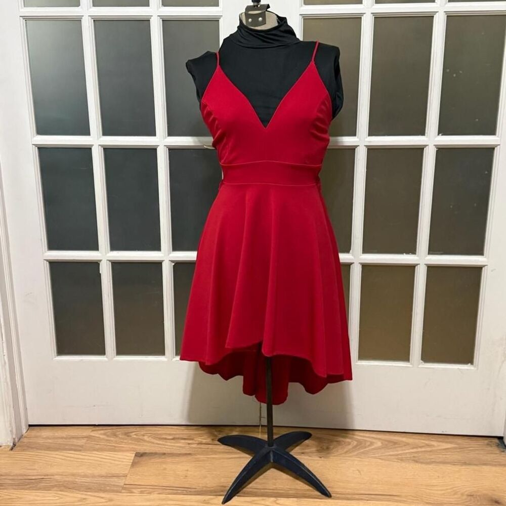 Windsor Red V-Neck High-Low Lace Back Skater Dress